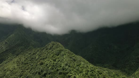 Drone footage of evergreen valley on island of Maui, clouds descending, Hawaii
