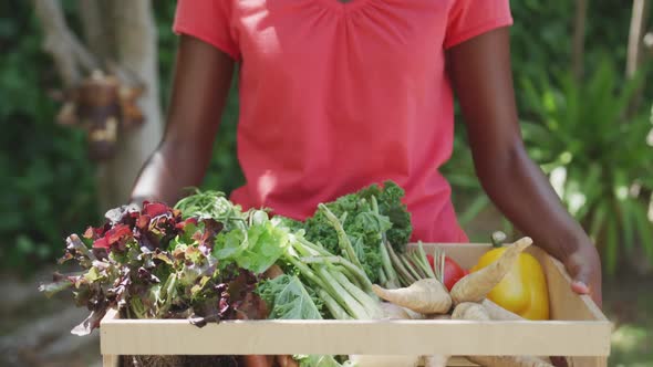 Woman holding vegetables in the garden