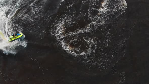 Water Sports  a Man Riding the Jet Ski  Aerial View