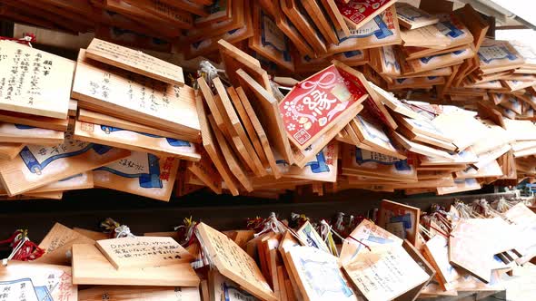 Wood Plates With Good Wish Hanging In Temple In Tokyo