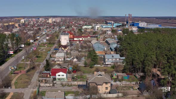 Aerial view of the destroyed and burnt houses. Houses were destroyed by rockets.