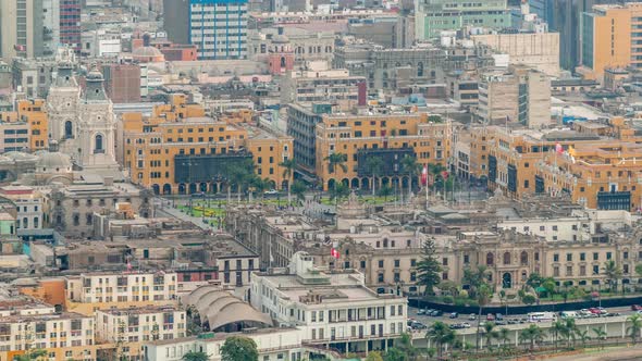 Aerial Top View of Lima Main Square From San Cristobal Hill Timelapse Government Palace of Peru and