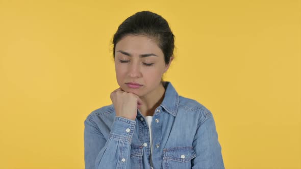 Sleepy Indian Woman Taking Nap Yellow Background