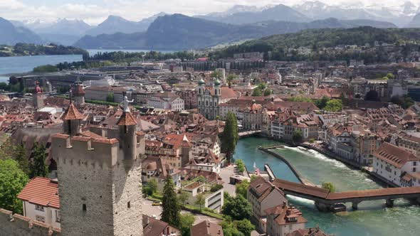 Aerial overview of city center of Luzern, Switzerland