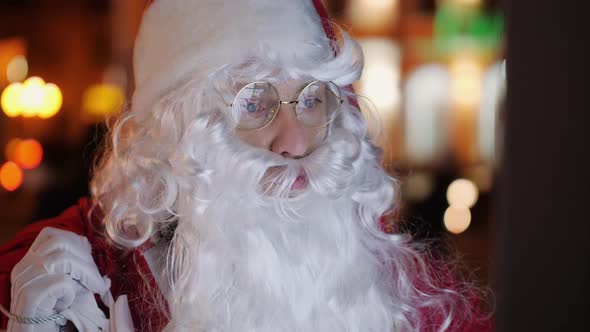 Man Dressed As Santa Claus Using Digital Citylight Board Close Up Shot