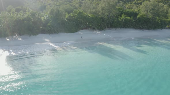 Aerial view of a person walking on the beach of Anse Lazio, Seychelles.