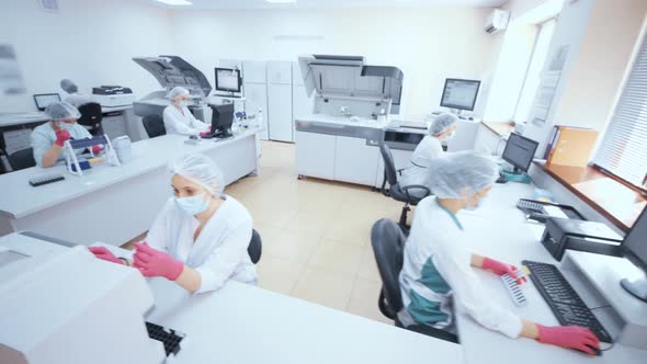 Group of Scientists From a Modern Clinic or Laboratory are Examining Test Samples Sitting at