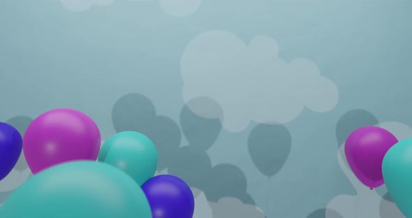 Floating balloons on pastel colours over a blue background decorated with clouds. 3D animation