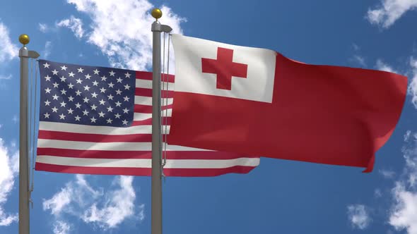 Usa Flag Vs Tonga Flag On Flagpole