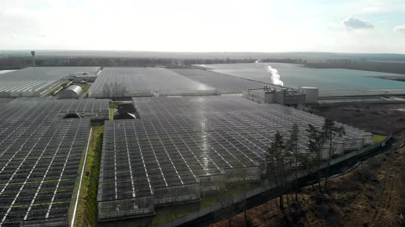 Modern Greenhouse in Early Spring, Smoke Comes From the Boiler Pipe of the Heating System.