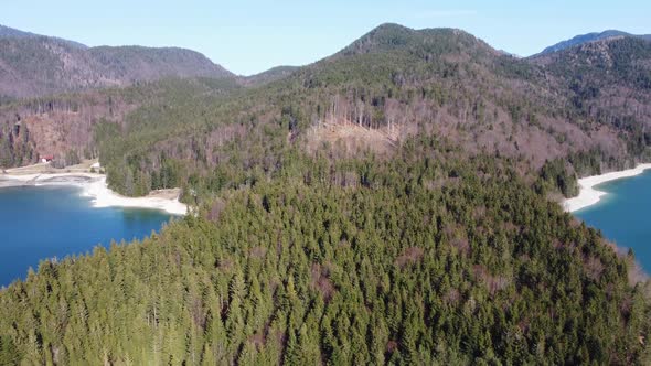 Aerial view of the lake Walchen in Bavaria, Germany.