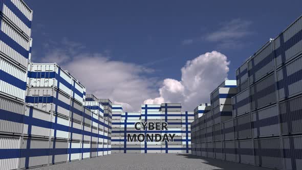 Cargo Containers with CYBER MONDAY Text and Flags of Finland