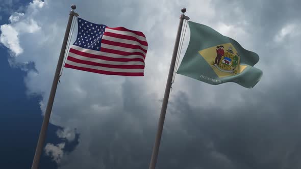 Waving Flags Of The United States And Delaware State Flag 2K