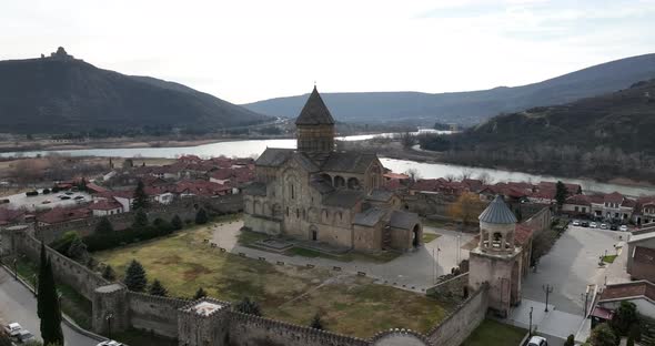 Aerial view of Orthodox Svetitskhoveli Cathedral in Mtskheta, Georgia