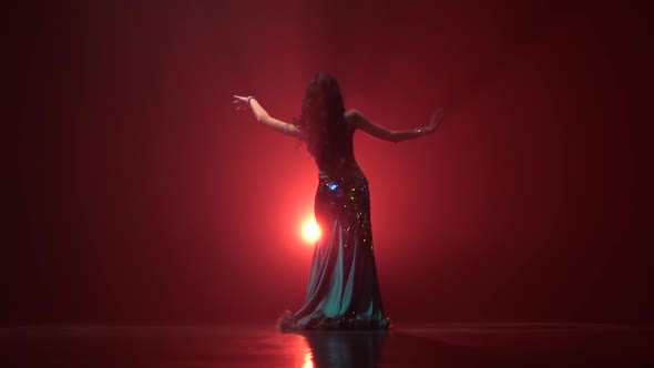 Woman Standing Back Dancing Belly Dance on Stage. Red Smoke Background. Slow Motion