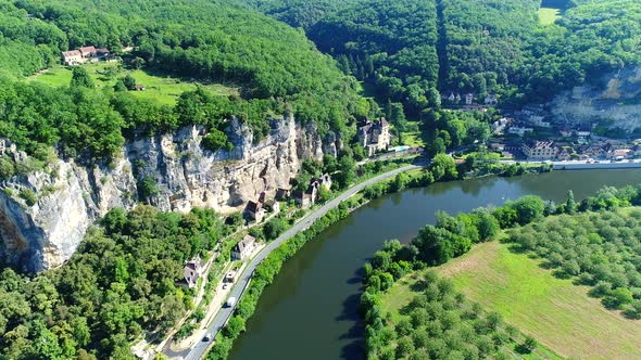 Village of La Roque-Gageac in Perigord in France seen from the sky