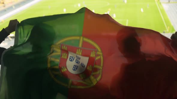 Portuguese Fan Family With Kid Waving National Flag, Cheering for Football Team