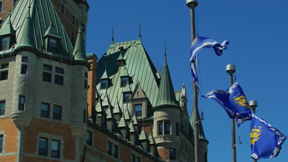 Quebec City's flags waving near Chateau Frontenac