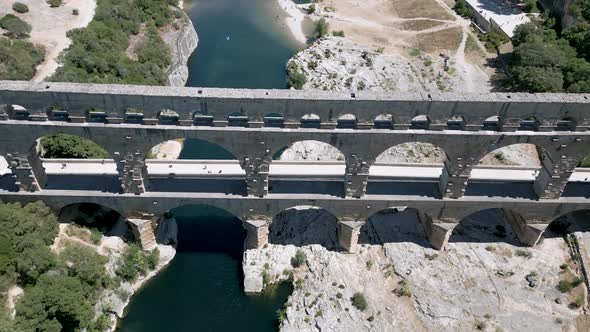 Flying over The Pont du Gard, an ancient Roman aqueduct bridge in France