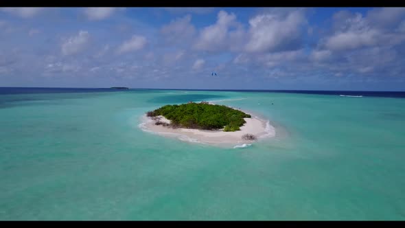 Aerial drone shot panorama of relaxing seashore beach journey by clear sea and white sand background