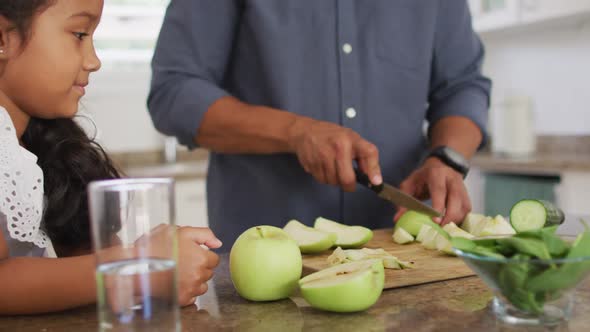 Hispanic father teaching smiling daughter cooking in kitchen