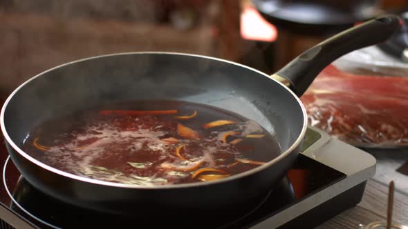 Liquid Boils on Frying Pan.