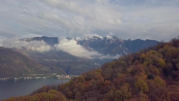 Aerial View of Lake Lugano Switzerland Cloudy Autumn