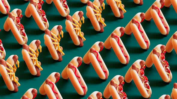 Colourful hot dogs in rows are marching and moving together in one direction.