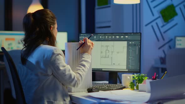 Industrial Woman Employee Studying Blueprint Idea