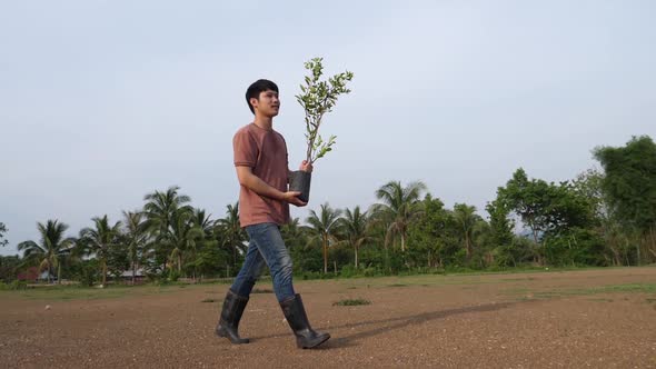 Asian Man Going To Plant A Tree