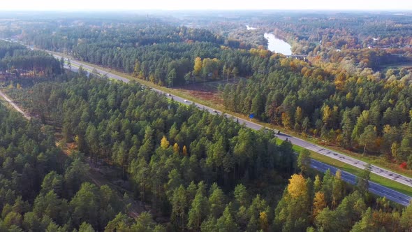 Latvia, A2 Highway Autumn Landscape From Above. Gauja River With Bridge and Ramkalni in Background.