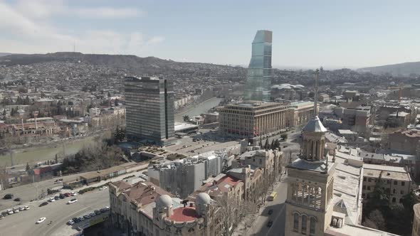 Tbilisi, Georgia - March 3, 2021: Flying over Shota Rustaveli Avenue