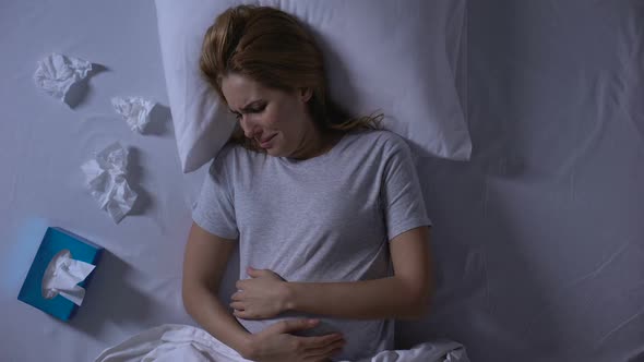 Lonely Pregnant Female Crying Bed at Night, Stroking Belly, Breakup Depression