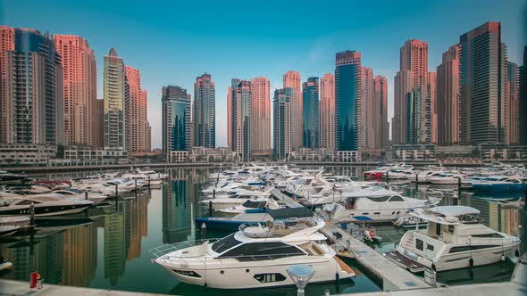 Dubai Marina at Early Morning Hour Timelapse with Yachts