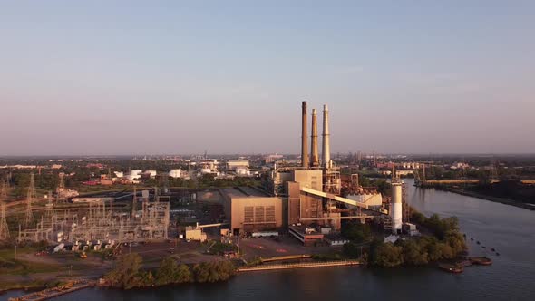 DTE River Rouge Power Plant - Coal-fired Power Station In Detroit, Michigan - drone pullback