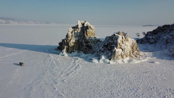 Baikal frozen lake, Olkhon island aerial. Clear ice and snow