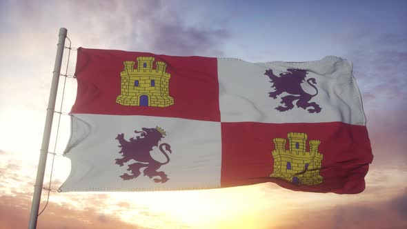 Castile and Leon Flag Spain Waving in the Wind Sky and Sun Background