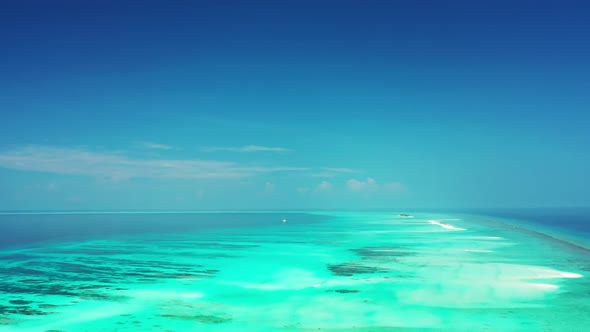 Aerial landscape of perfect shore beach wildlife by shallow water and white sand background of a day