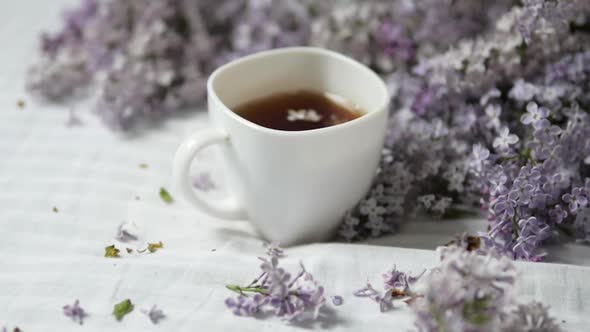 Cup of Tea and Branches of Blooming Lilacs on a White Background