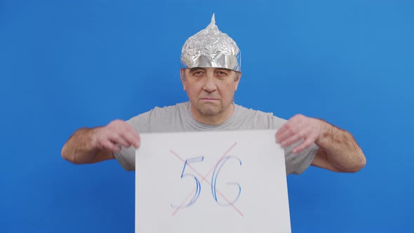 Frightened Man Tinfoil Hat Waved Off 5G Waves