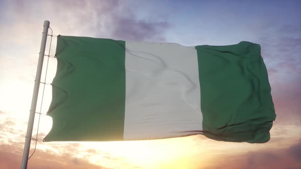 Flag of Nigeria Waving in the Wind Sky and Sun Background