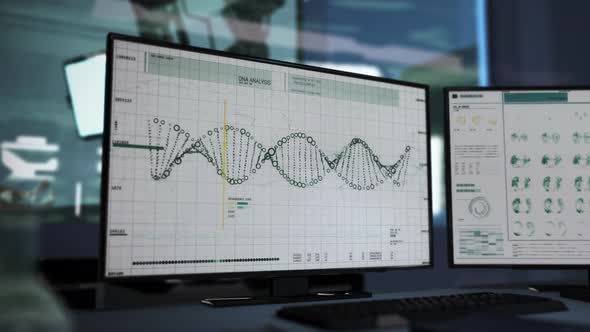 Inside a laboratory. Bioinformatics program on screen. DNA sequence analysis.