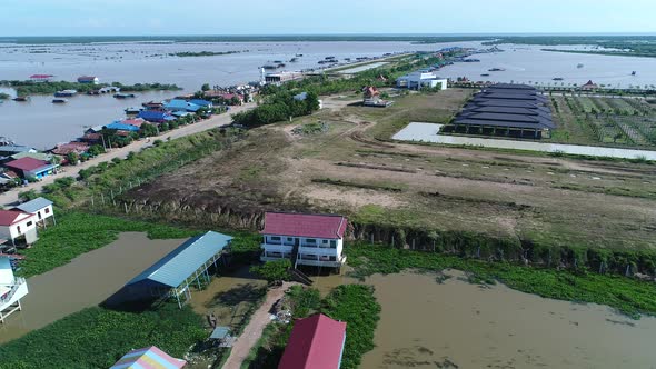 Farming and fishing village near Siem Reap in Cambodia seen from the sky