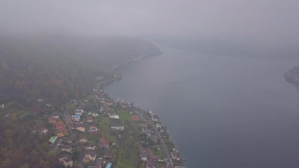 Aerial View of Lake Lugano Switzerland Cloudy Autumn