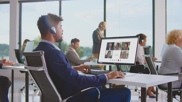 Man having conference video call