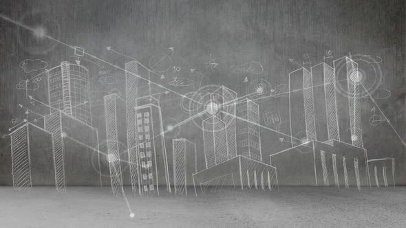 Abstract line connection with drawn city background alt