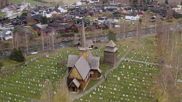 View of the exterior of a Church in Vaga, Norway - aerial drone shot