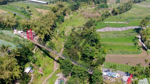 Popular tourist attraction suspension Jokowi Bridge, Java, Indonesia, aerial