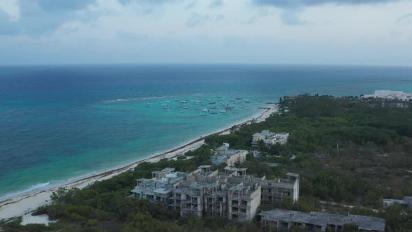 Aerial Seascape with Moored Boats in the Turquoise Water of the Caribbean Sea at Playa Del Carmen