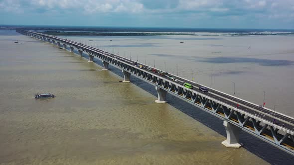 Aerial view of Padma bridge, over the Padma river by day, Dhaka, Bangladesh.